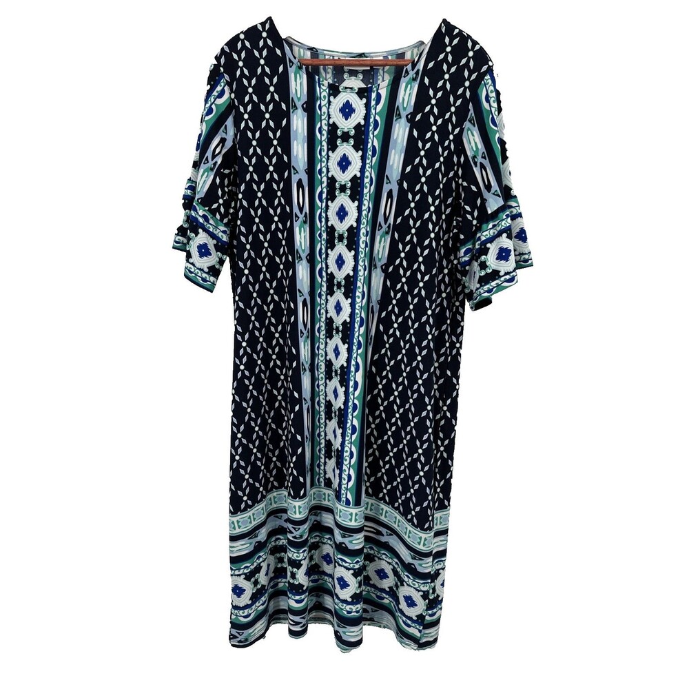 Kim Rogers Dress XL Short Sleeve Jersey Knit Blue Printed Casual Slinky Scoop